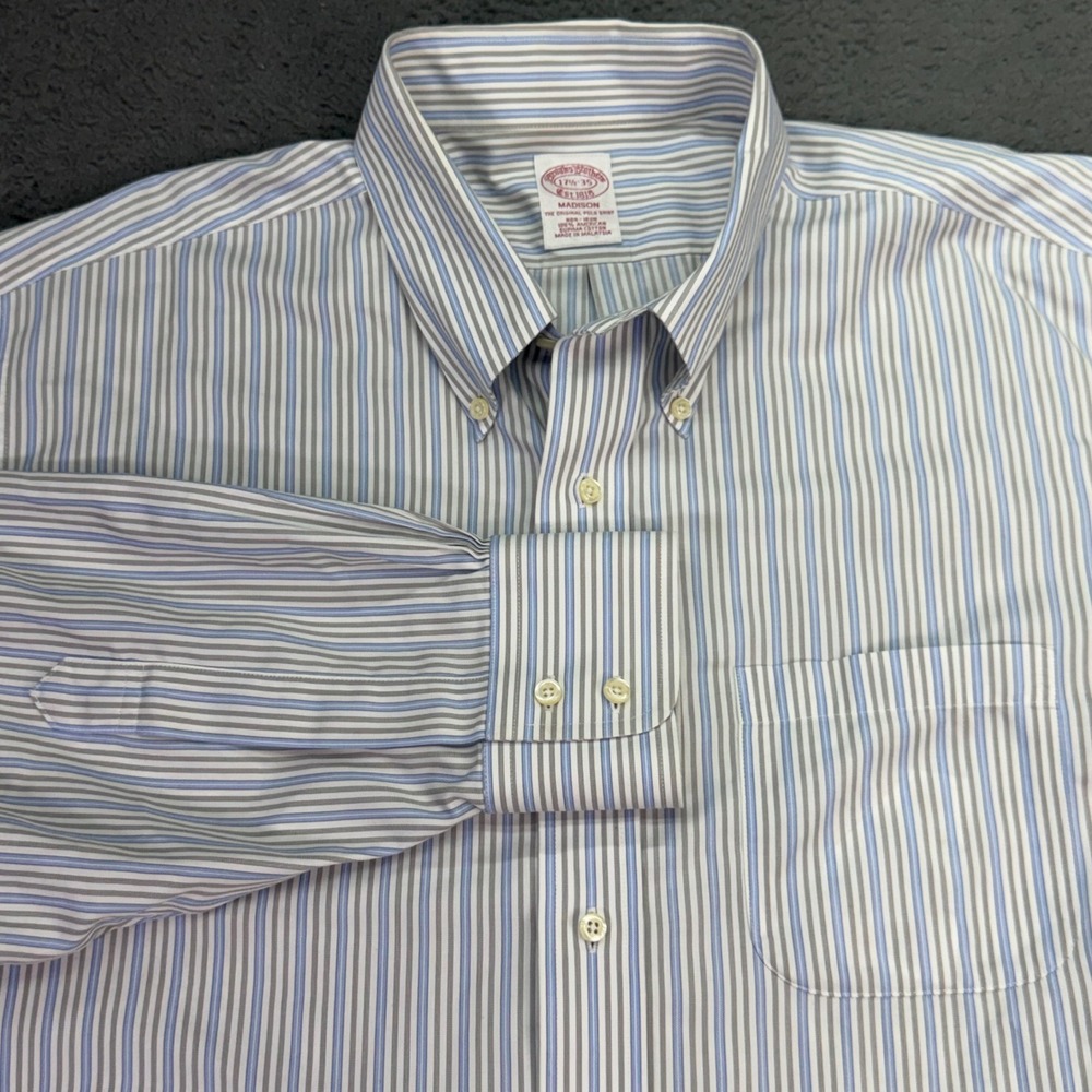 Brooks Brothers Shirt Mens 17.5 35 Blue Grey Striped Madison Non-Iron Dress